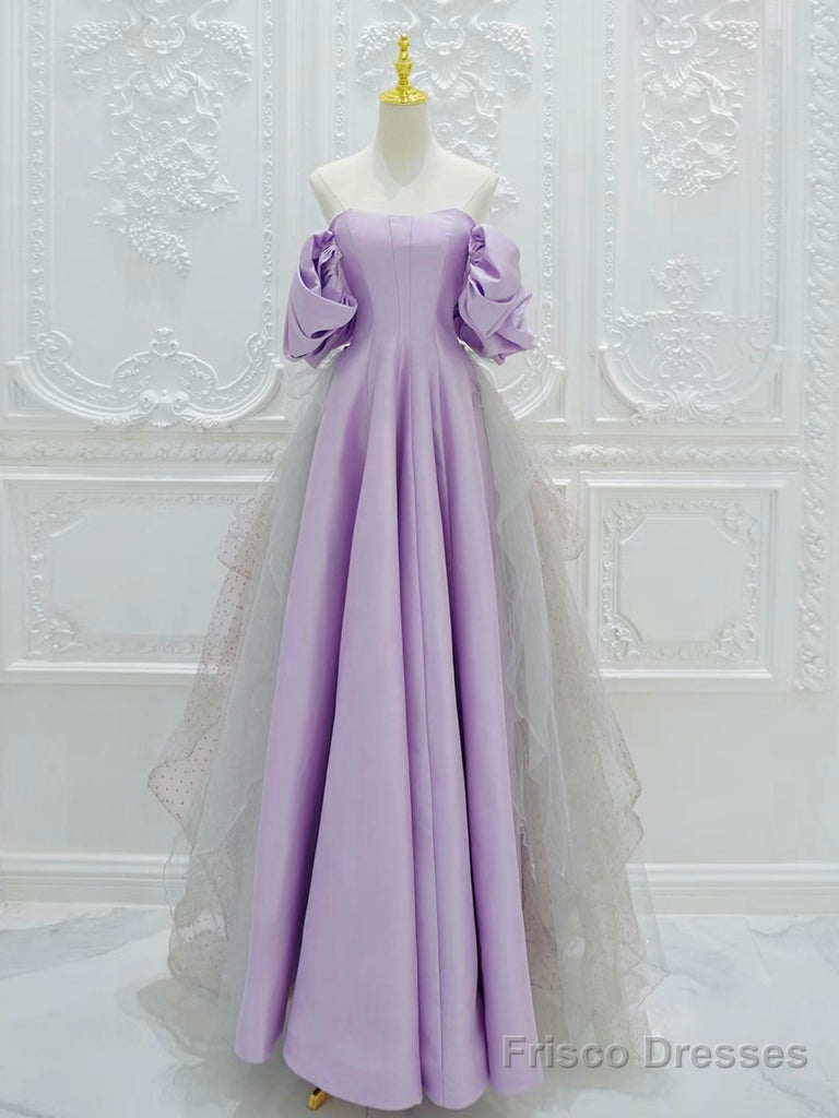 A-Line Satin Tulle Purple Long Prom Dress, Tulle Purple Long Formal Dress Main image