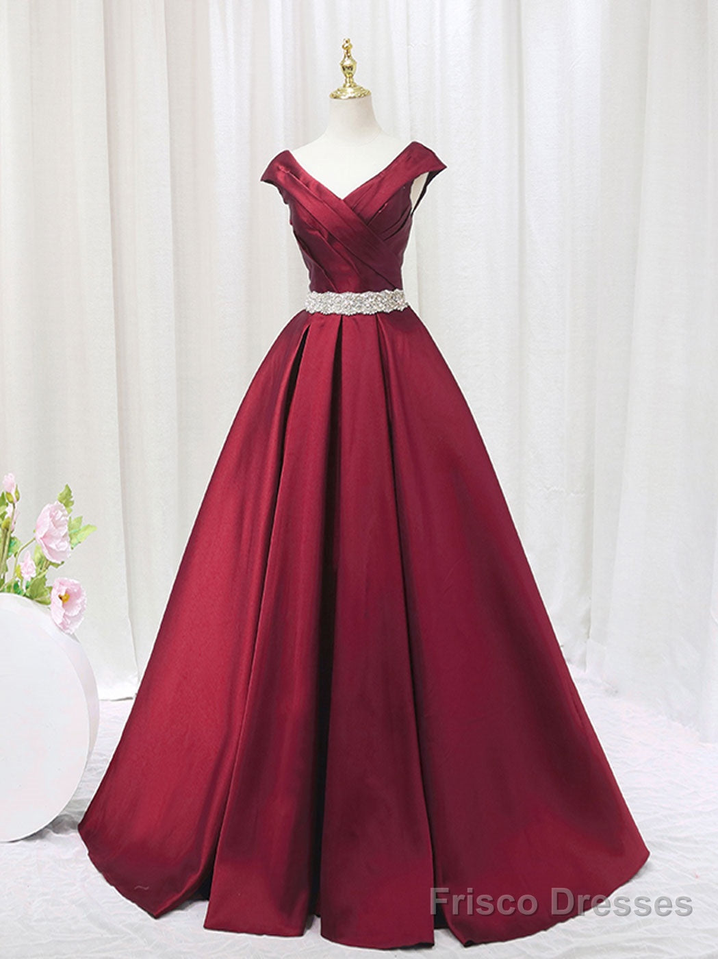 A-Line Satin V Neck Burgundy Long Prom Dress, Burgundy Formal Dresses Secondary image