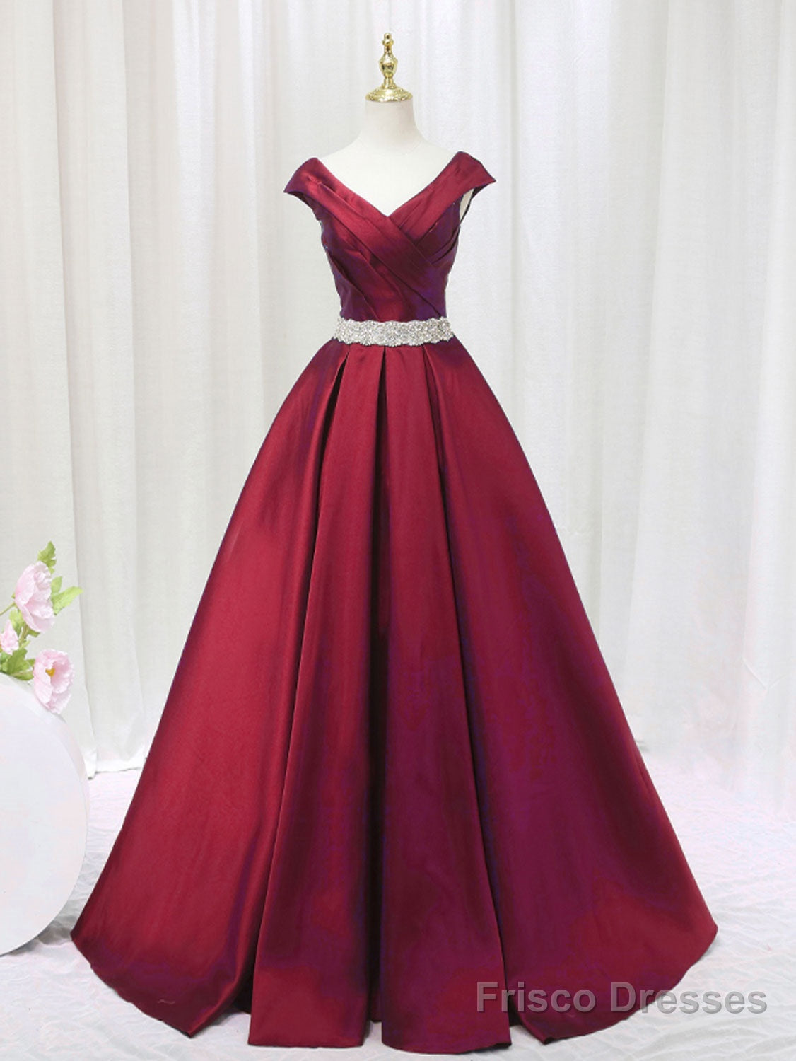 A-Line Satin V Neck Burgundy Long Prom Dress, Burgundy Formal Dresses Main image