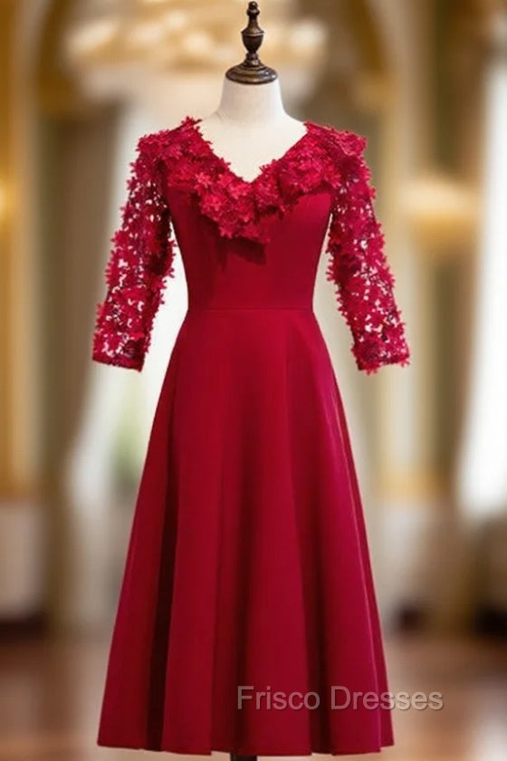 A-Line Satin V-neck Short Sleeve Flower Formal Prom Dress