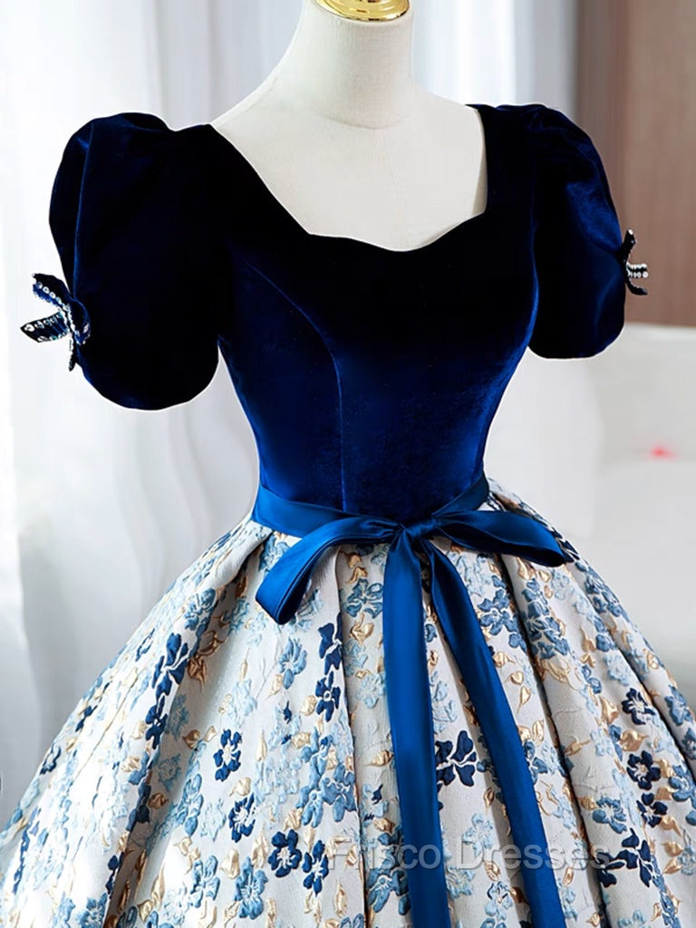 A-Line Satin Velvet Blue Long Formal Prom Dress, Blue Long Formal Dress Secondary image