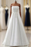 A-Line Satin White Strapless Appliques Beading Floor Length Wedding Dress