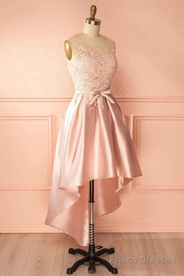 A-Line Scoop High Low Pink Satin Homecoming Dress With Appliques Secondary image