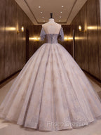 A-Line Scoop Neckline Gray Blue Long Formal Prom Dress, Tulle Lace Long Evening Dress
