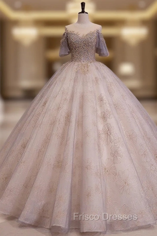 A-Line Scoop Neckline Gray Blue Long Formal Prom Dress, Tulle Lace Long Evening Dress Main image