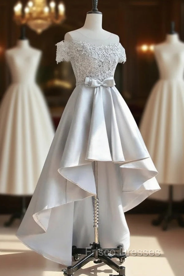 A-Line Scoop Neckline Lace Gray Formal Prom Dress, High Low Style Satin Formal Dress