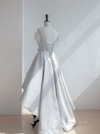 A-Line Scoop Neckline Lace Gray Formal Prom Dress, High Low Style Satin Formal Dress