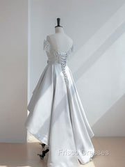 A-Line Scoop Neckline Lace Gray Formal Prom Dress, High Low Style Satin Formal Dress