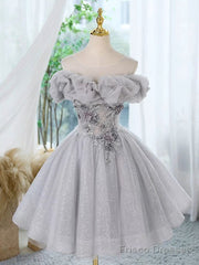 A-Line Scoop Neckline Off Shoulder Tulle Gray Short Prom Dress With Lace Beads