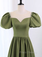 A-Line Scoop Neckline Puff Sleeves Satin Long Green Formal Prom Dress, Green Formal Dress