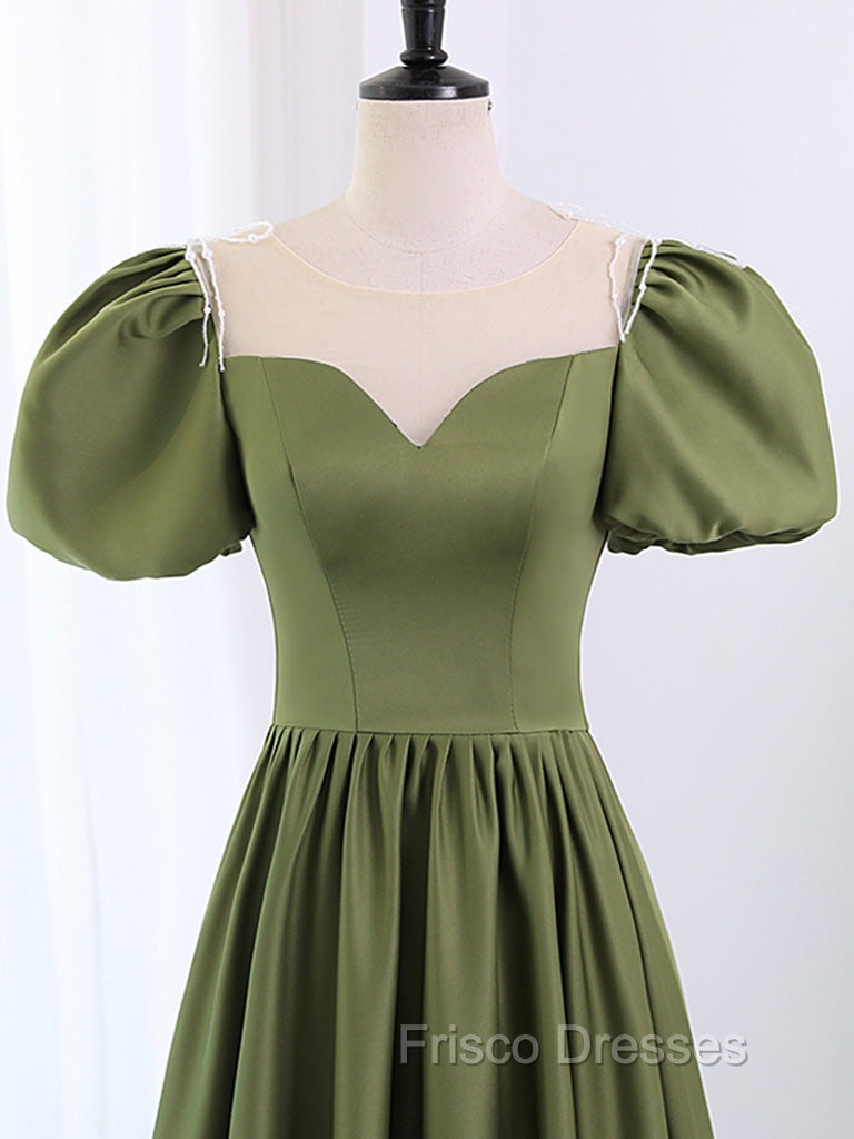 A-Line Scoop Neckline Puff Sleeves Satin Long Green Formal Prom Dress, Green Formal Dress