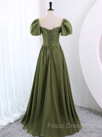 A-Line Scoop Neckline Puff Sleeves Satin Long Green Formal Prom Dress, Green Formal Dress