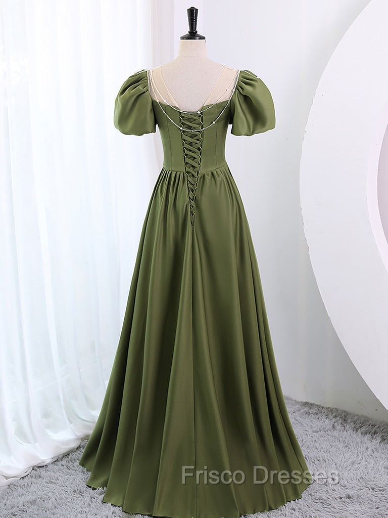 A-Line Scoop Neckline Puff Sleeves Satin Long Green Formal Prom Dress, Green Formal Dress