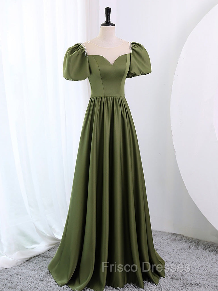 A-Line Scoop Neckline Puff Sleeves Satin Long Green Formal Prom Dress, Green Formal Dress Secondary image