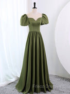 A-Line Scoop Neckline Puff Sleeves Satin Long Green Formal Prom Dress, Green Formal Dress