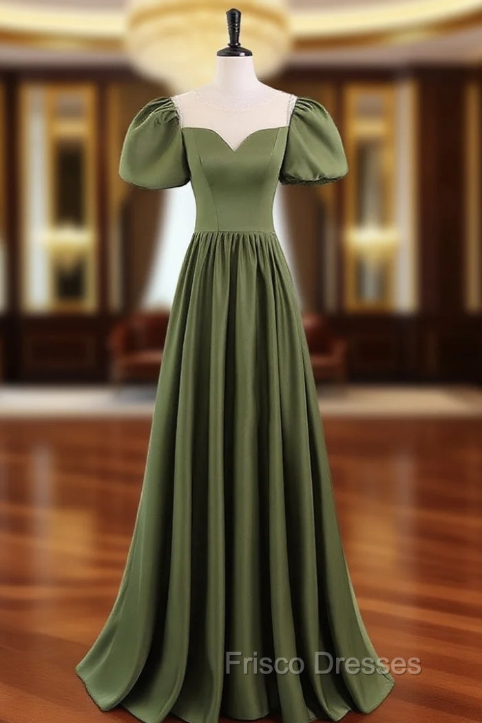 A-Line Scoop Neckline Puff Sleeves Satin Long Green Formal Prom Dress, Green Formal Dress Main image
