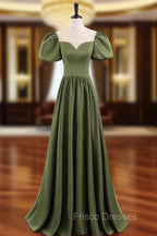 A-Line Scoop Neckline Puff Sleeves Satin Long Green Formal Prom Dress, Green Formal Dress
