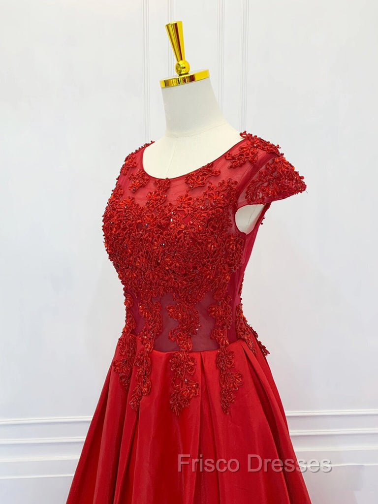 A-Line Scoop Neckline Satin Lace Burgundy Long Formal Prom Dress, Burgundy Lace Long Formal Dress