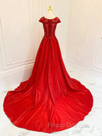 A-Line Scoop Neckline Satin Lace Burgundy Long Formal Prom Dress, Burgundy Lace Long Formal Dress