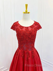 A-Line Scoop Neckline Satin Lace Burgundy Long Formal Prom Dress, Burgundy Lace Long Formal Dress