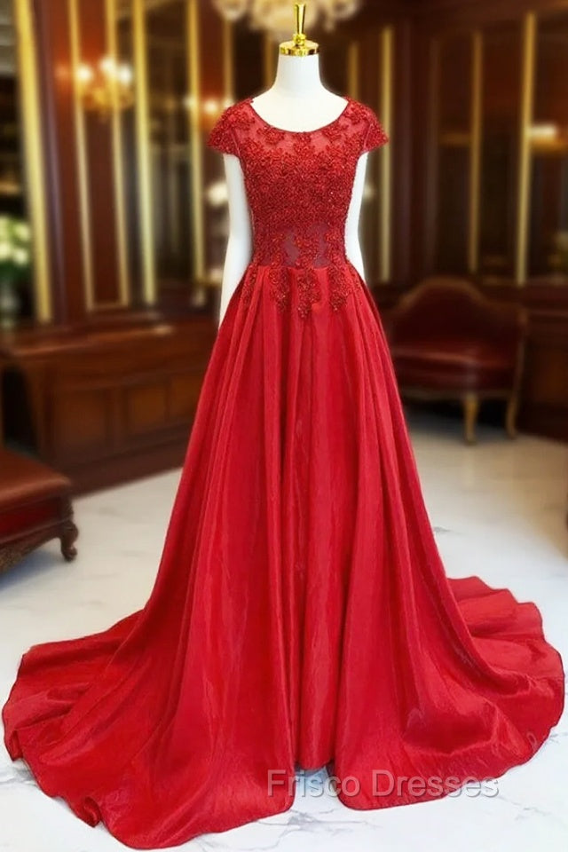 A-Line Scoop Neckline Satin Lace Burgundy Long Formal Prom Dress, Burgundy Lace Long Formal Dress Main image
