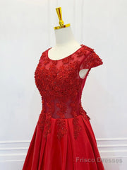A-Line Scoop Neckline Satin Lace Burgundy Long Prom Dress Formal Dress Short Sleeves December Wedding Guest Dress