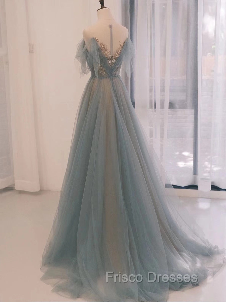 A-Line Scoop Neckline Tulle Gray Blue Long Formal Prom Dress with Sequin Secondary image
