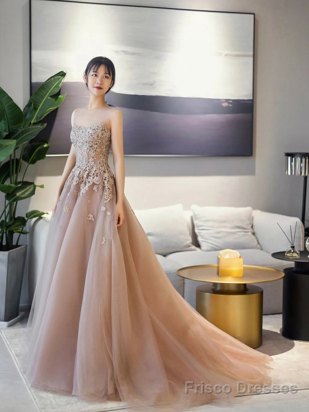 A-Line Scoop Neckline Tulle Lace Long Prom Dress, Beautiful Lace Formal Evening Dress Main image