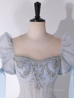 A-Line Scoop Neckline Tulle Light Blue Long Formal Prom Dress with Beads