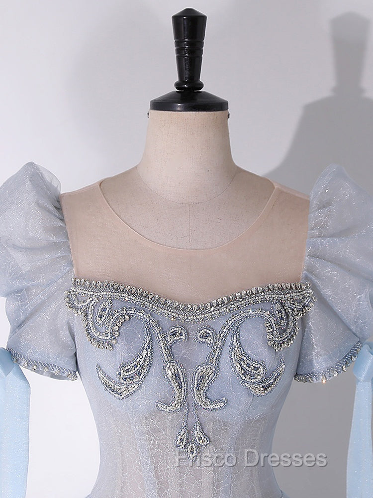 A-Line Scoop Neckline Tulle Light Blue Long Formal Prom Dress with Beads