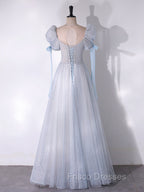 A-Line Scoop Neckline Tulle Light Blue Long Formal Prom Dress with Beads