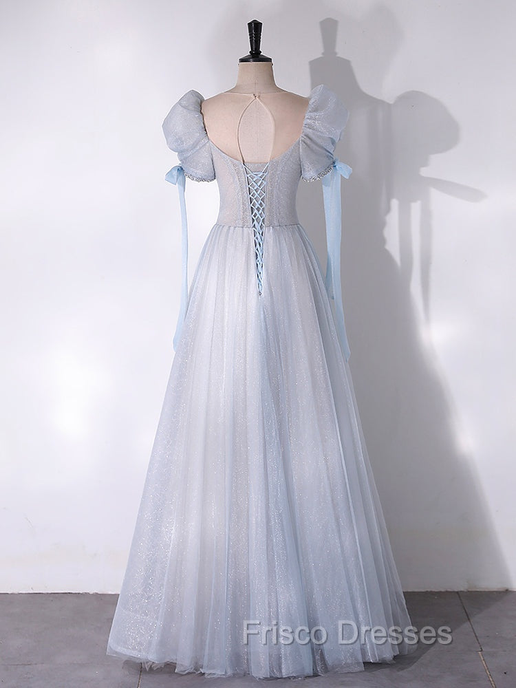 A-Line Scoop Neckline Tulle Light Blue Long Formal Prom Dress with Beads