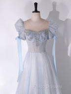 A-Line Scoop Neckline Tulle Light Blue Long Formal Prom Dress with Beads