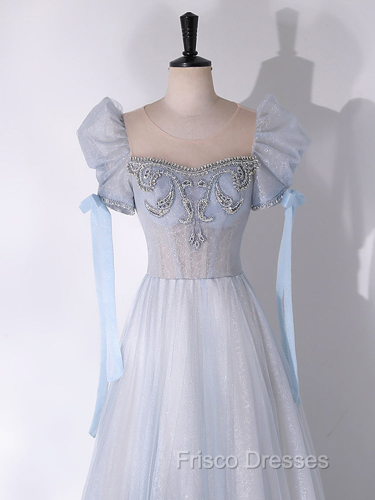 A-Line Scoop Neckline Tulle Light Blue Long Formal Prom Dress with Beads