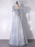 A-Line Scoop Neckline Tulle Light Blue Long Formal Prom Dress with Beads