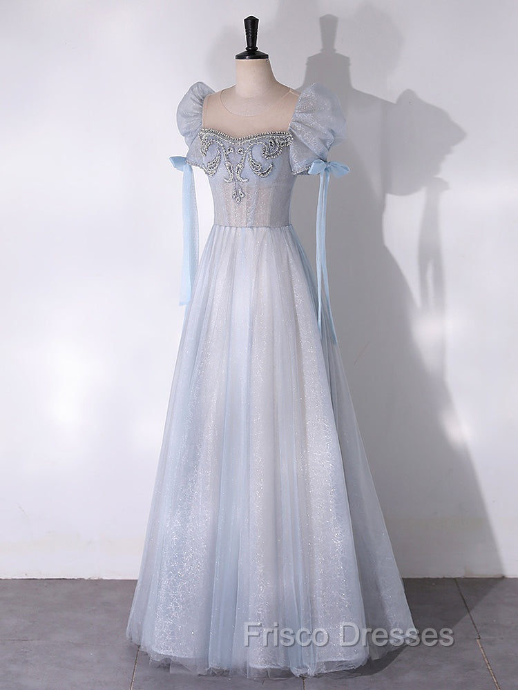 A-Line Scoop Neckline Tulle Light Blue Long Formal Prom Dress with Beads