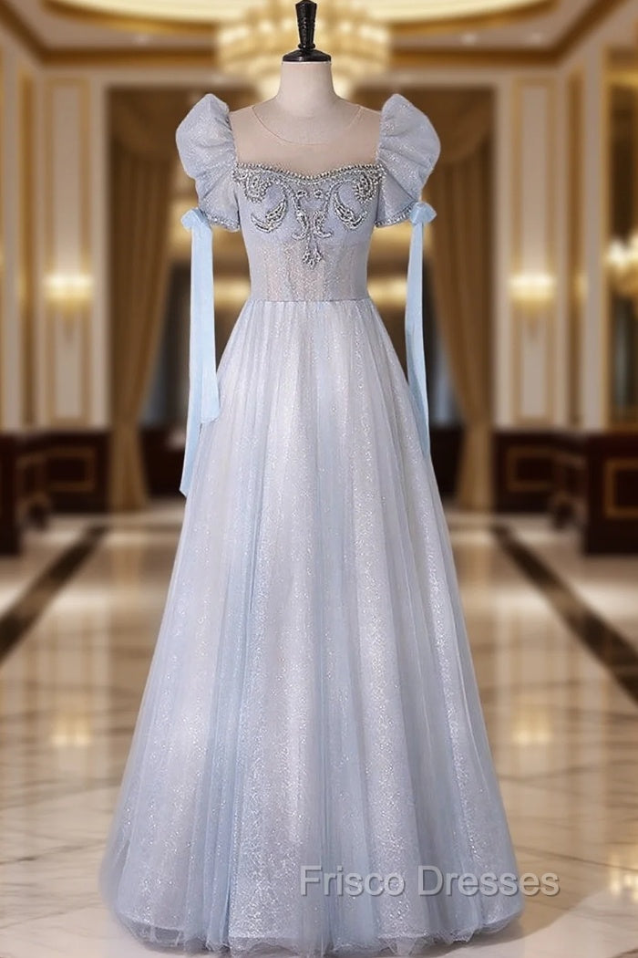 A-Line Scoop Neckline Tulle Light Blue Long Formal Prom Dress with Beads Main image