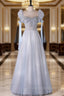 A-Line Scoop Neckline Tulle Light Blue Long Formal Prom Dress with Beads