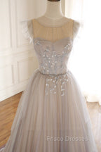A-Line Scoop Neckline Tulle Long Formal Prom Dress with Beaded, Evening Party Dress