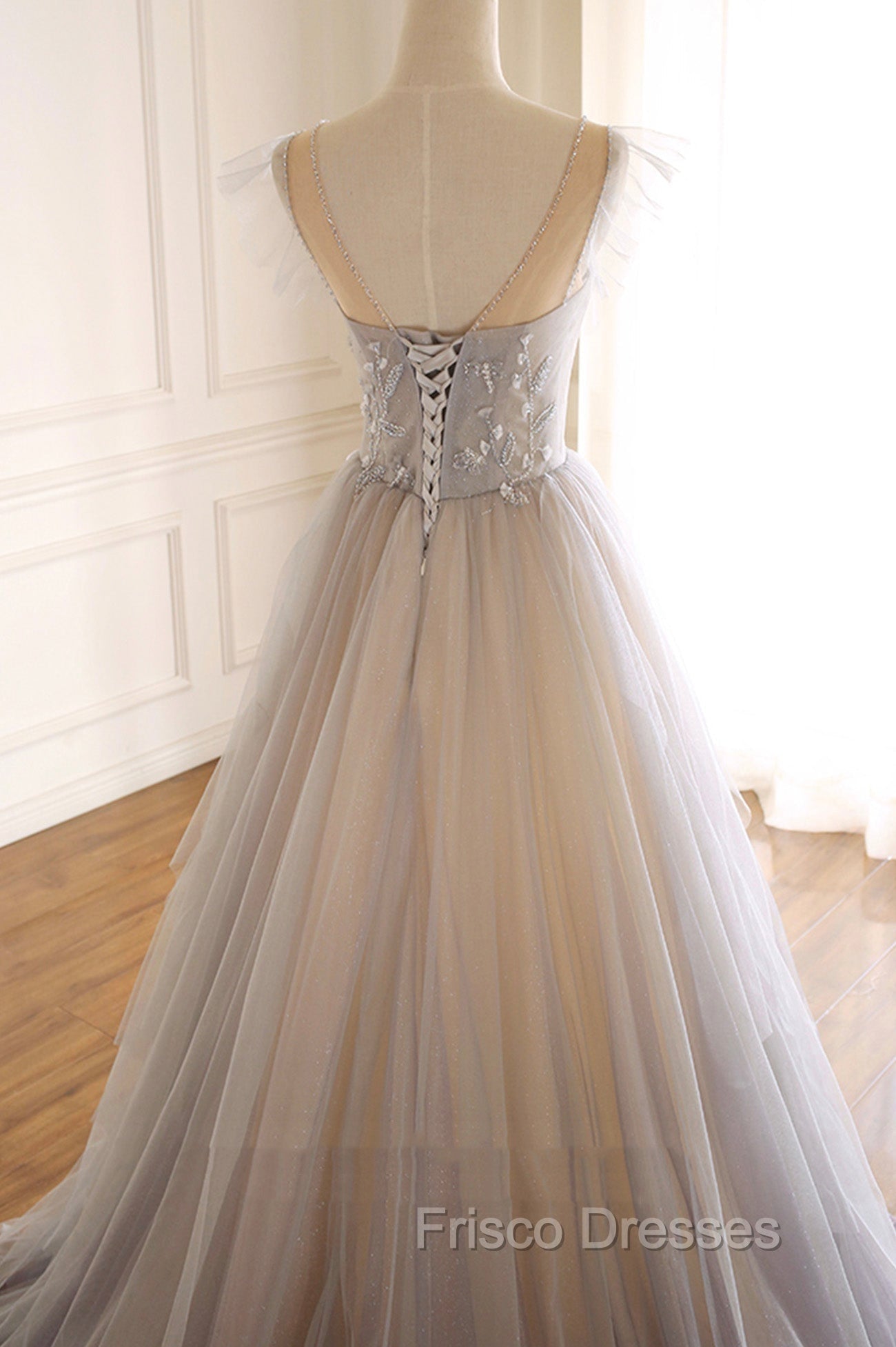 A-Line Scoop Neckline Tulle Long Formal Prom Dress with Beaded, Evening Party Dress