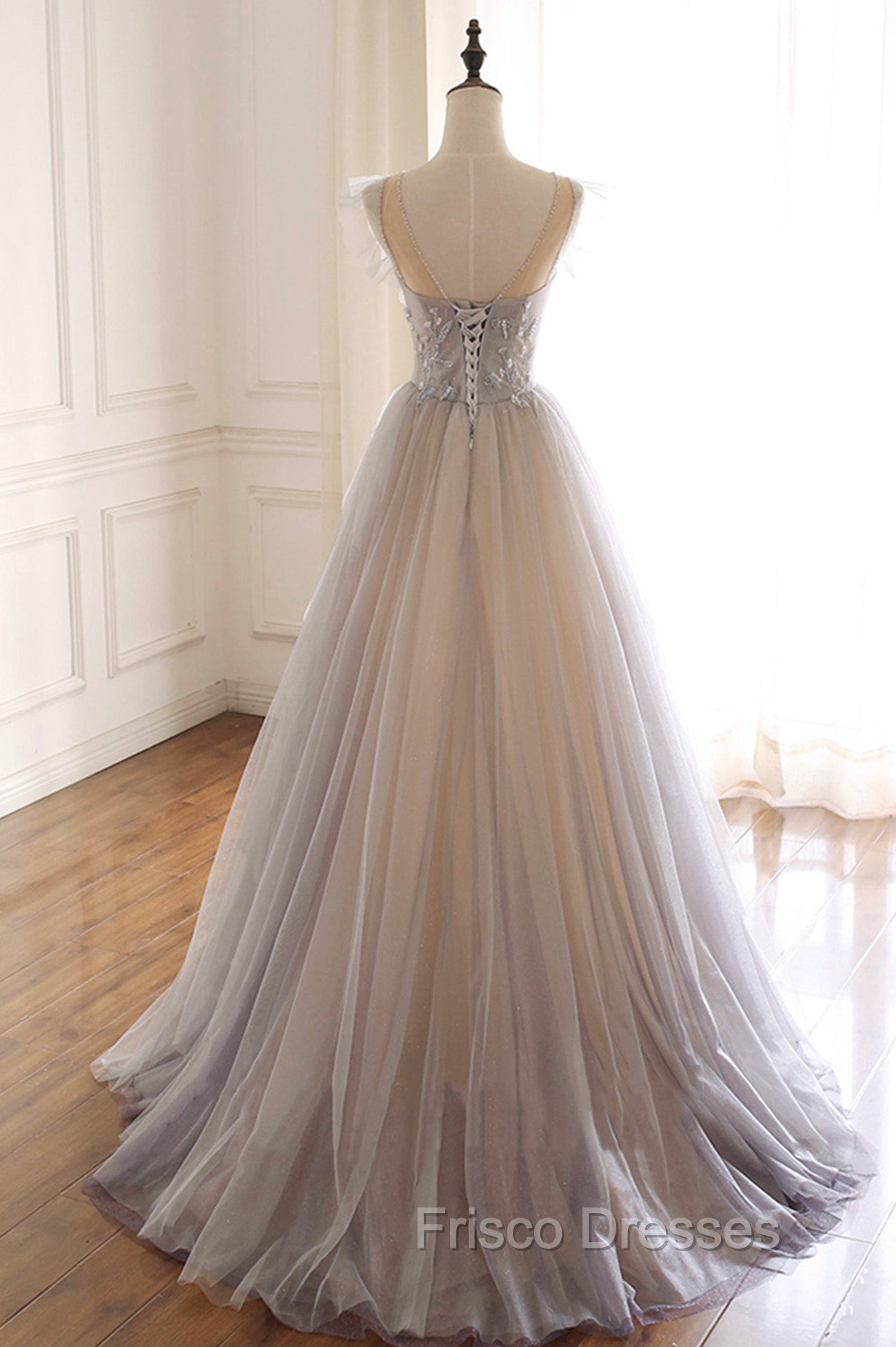 A-Line Scoop Neckline Tulle Long Formal Prom Dress with Beaded, Evening Party Dress