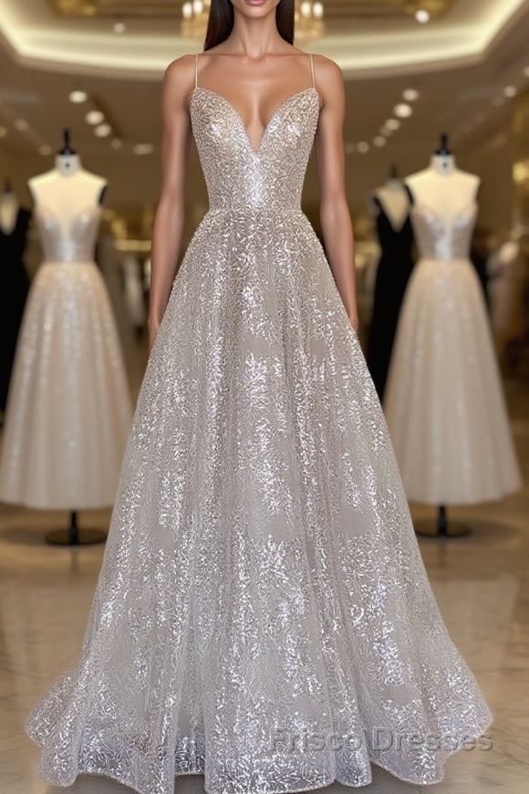 A line sequin long Formal Prom Dresses, Champagne sequin evening Dresses