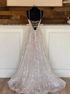 A line sequin long Formal Prom Dresses, Champagne sequin evening Dresses