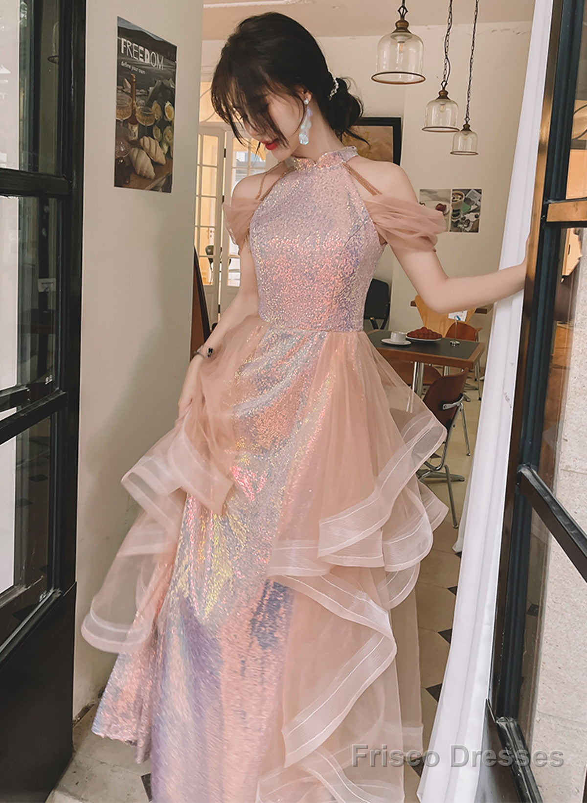 A-Line Sequins And Tulle Pink Long Evening Dress, Pink Tulle Prom Dress Secondary image