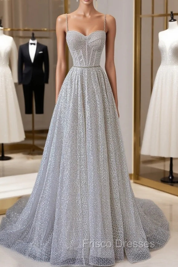 A-Line Sequins Long Formal Prom Dress, Spaghetti Strap and Corset Evening Dress Main image