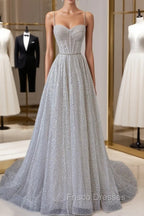 A-Line Sequins Long Formal Prom Dress, Spaghetti Strap and Corset Evening Dress