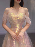 A-Line Sequins Off Shoulder Simple Long Formal Dress, Sweetheart Prom Dress Evening Dress