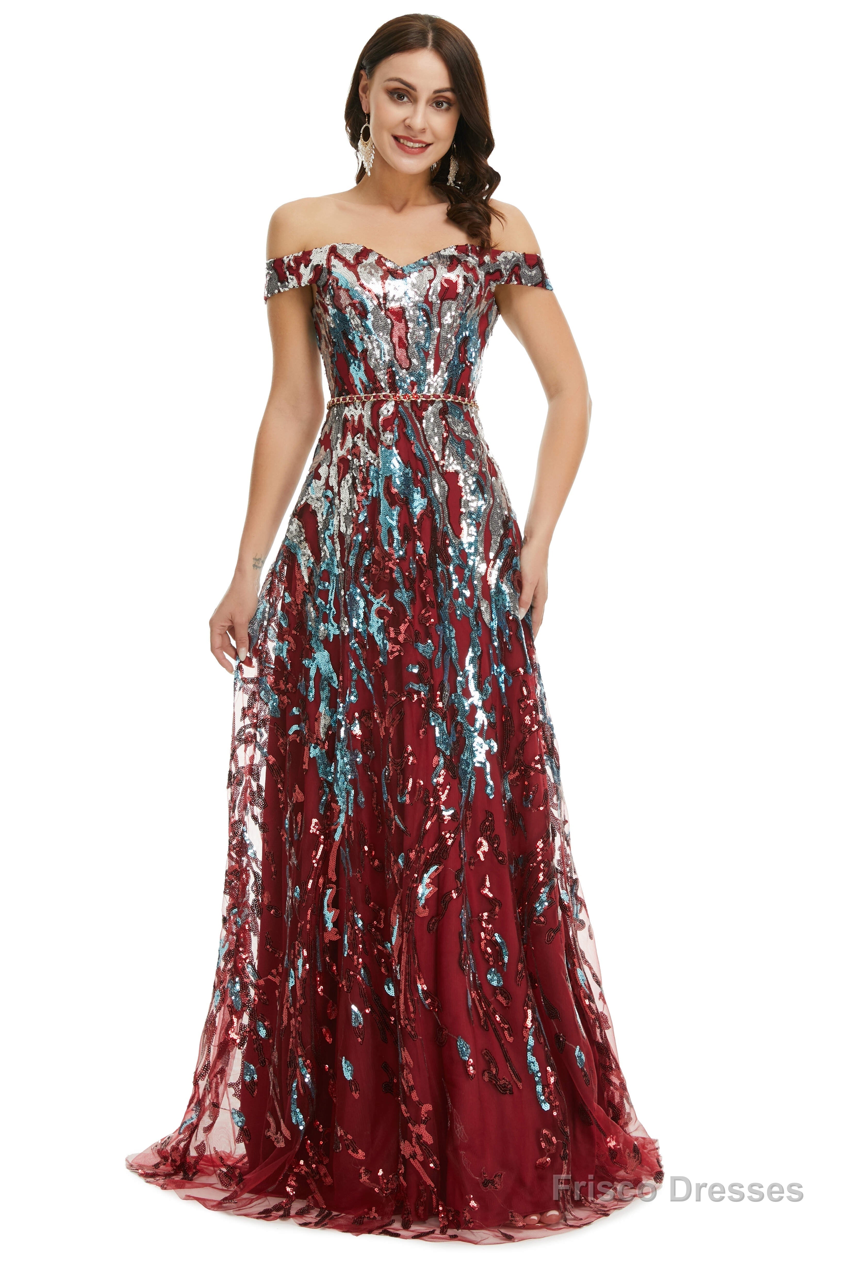 A Line Sequins Off the Shoulder Long Prom Dresses