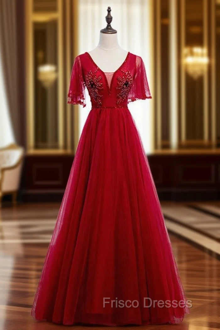 A-Line Sexy Burgundy Tulle V-neck Backless Beading Formal Prom Dress Main image