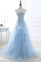 A-Line Sexy Engagement Formal Prom Birthday Dress Strapless Sleeveless Lace Pleats